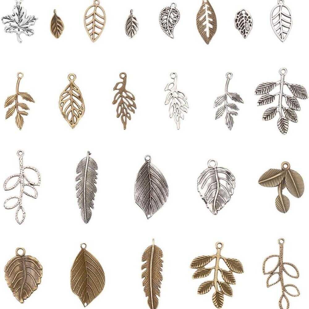 14 Styles Tree Leaf Charms, 96pcs Tibetan Alloy Leaves Branch Beads Charms Metal